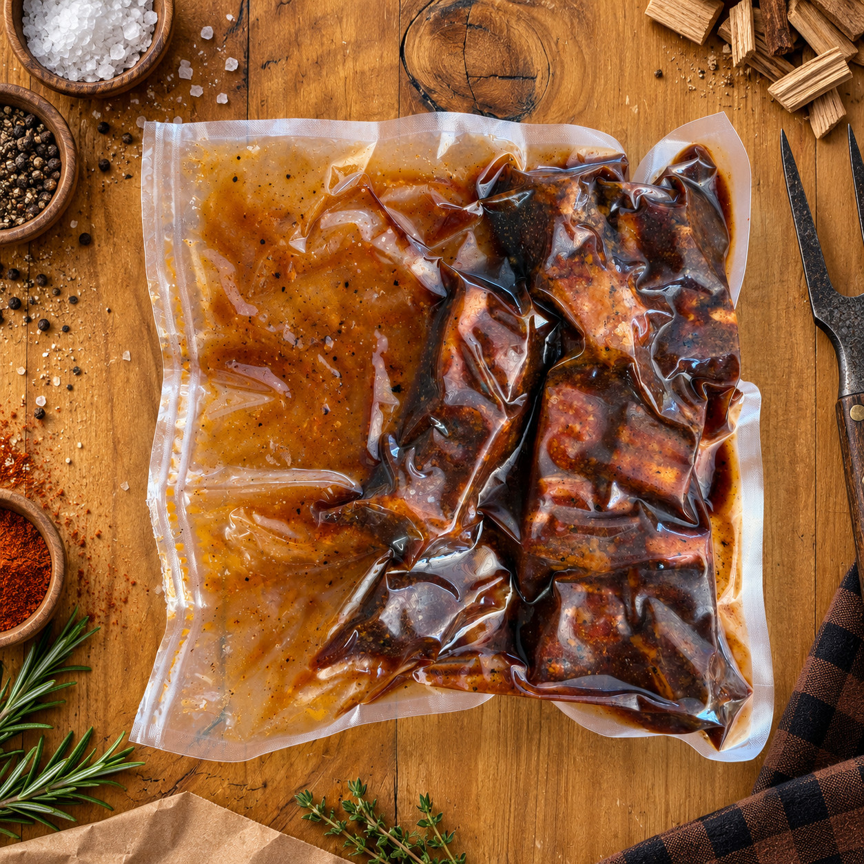 Two vacuum-sealed bags of pork belly burnt ends marinated in bbq sauce on a wooden tabletop, surrounded by spices, herbs, and a knife.