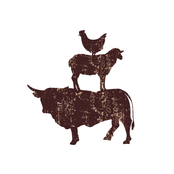 Silhouette of a bull, sheep, and chicken stacked on top of each other on a white background.