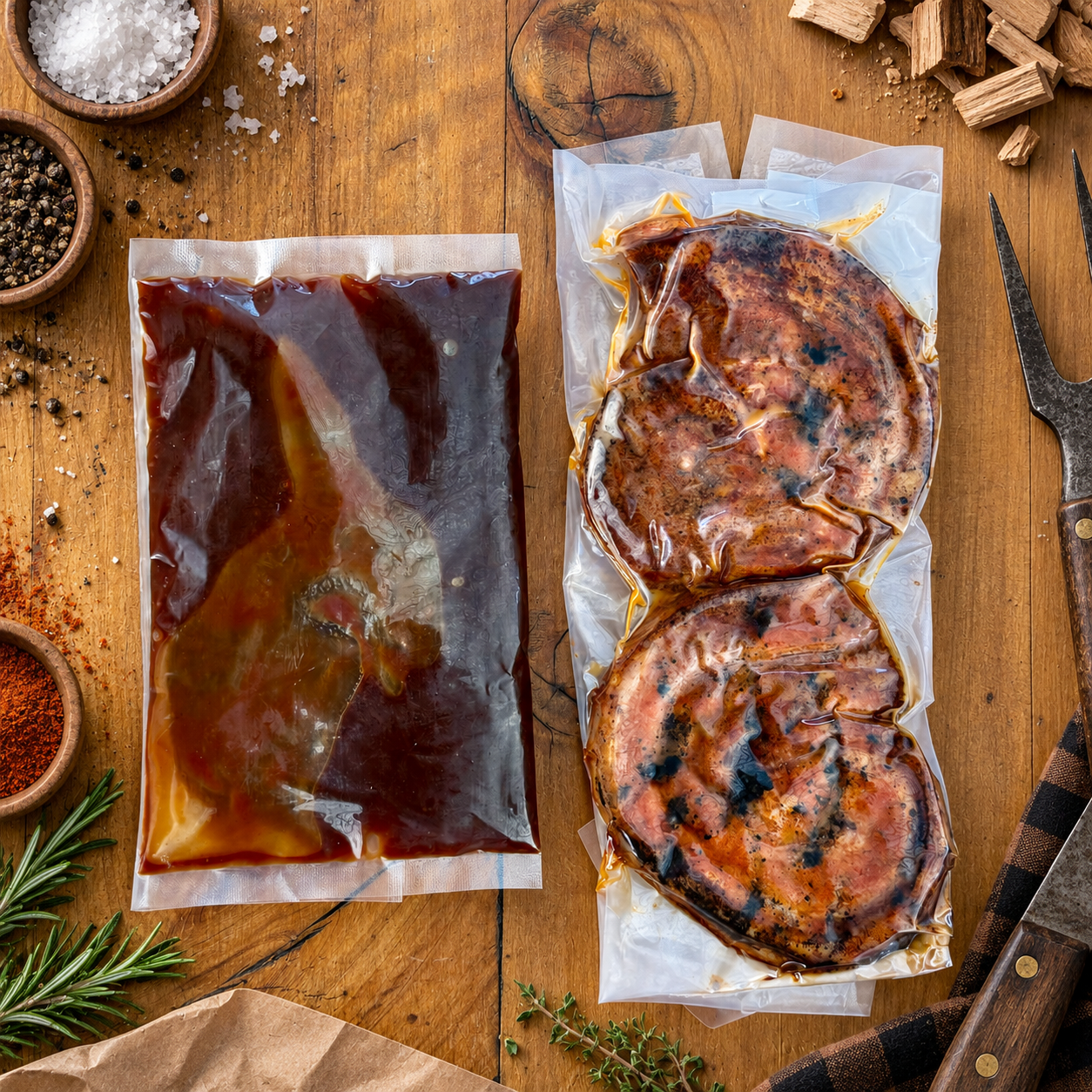 Two vacuum-sealed packages of raw food ingredients on a rustic wooden table. One package contains a dark reddish-brown liquid, and the other contains two round browned patties on parchment paper.